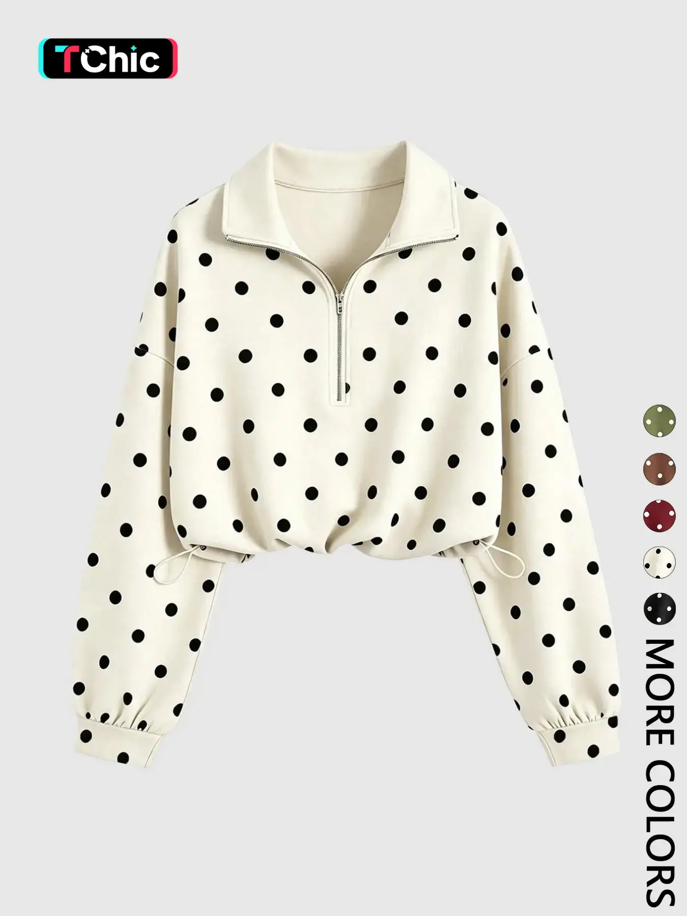 Women's Polka Dot Half Zip Collared Cropped Sweatshirt Drop Shoulder Long Sleeve Pullover Adjustable Drawstring Hem Loose Oversized Trendy Dot Pattern Top Casual Streetwear Blouse Casual Sweatshirts