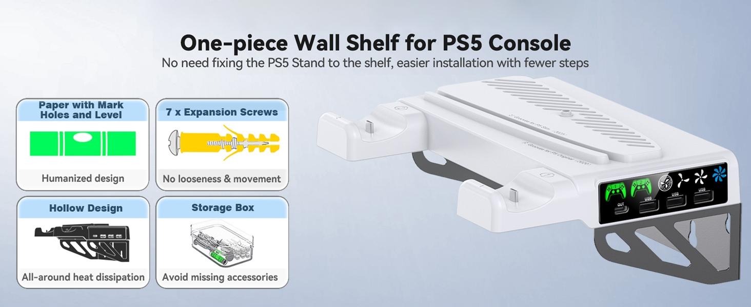 BASIC SUPPLY PS5/Slim/Pro Wall Mount Kit with Cooling Fan & Charging Station, Charging Dock, PS5 Shelf Floating Mount for All PlayStation 5/Slim/Pro Disc & Digital Console, PS5 Wall Bracket Behind TV, PS5 Pro Accessories