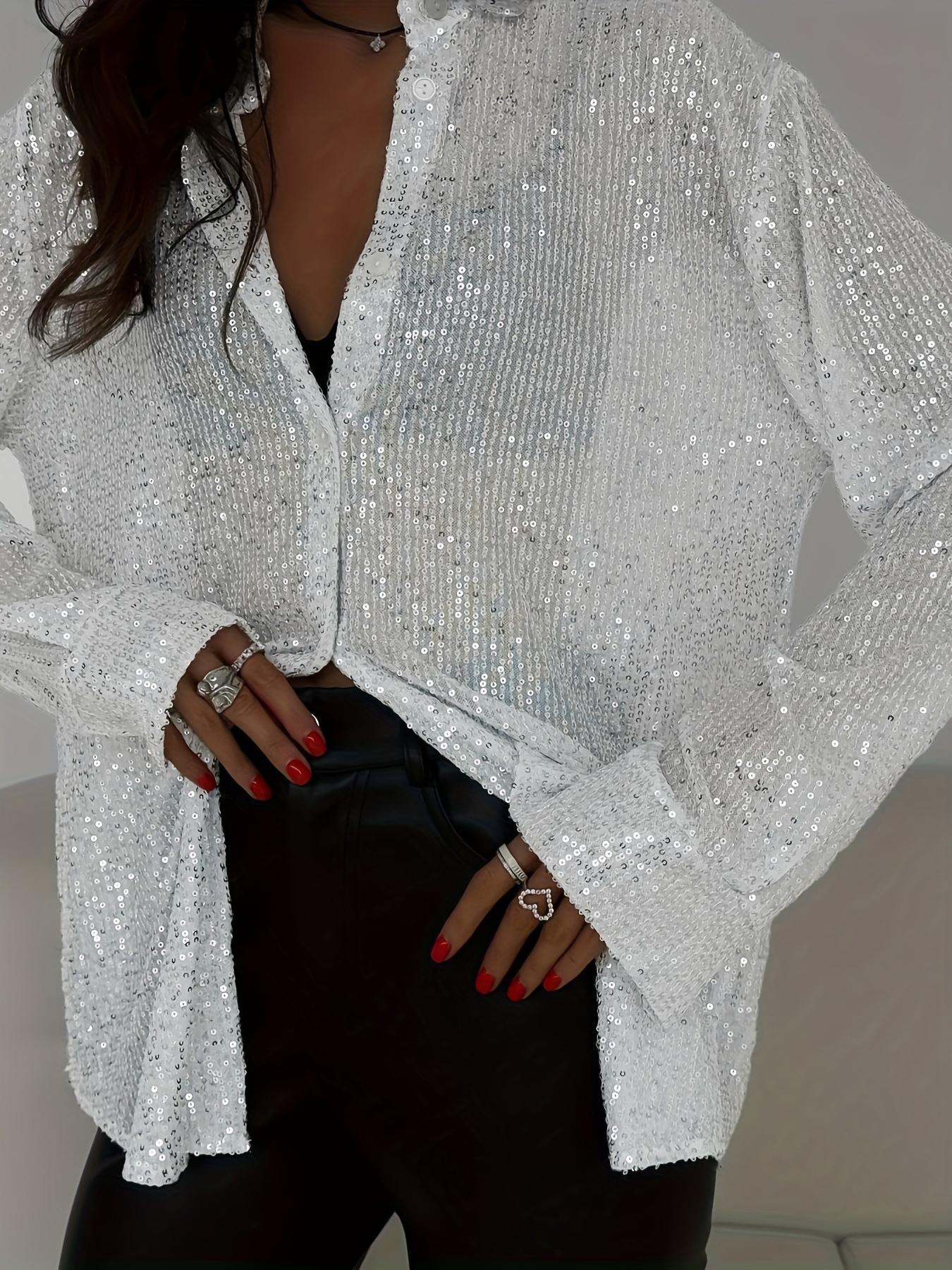 Women's Sequined Sheer Long Sleeve Button Shirt, Elegant Blouse Top for Parties & Daily Wear, Stylish Women's Clothing