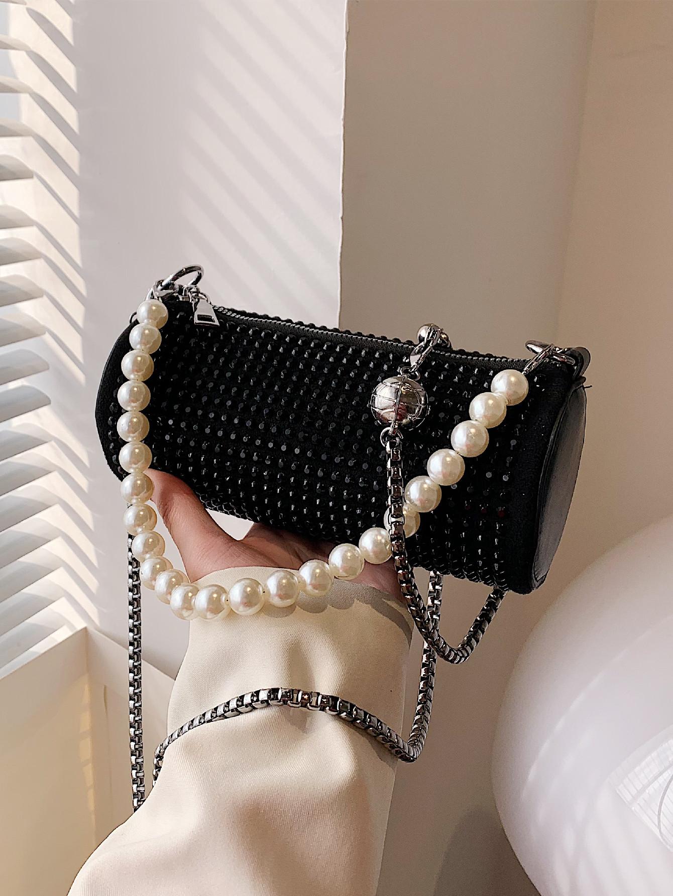 Elegant Rhinestone Design Handbag, Versatile Round Tube Bag, Simple Lady Shoulder Crossbody Bag, Stylish and Practical Accessory