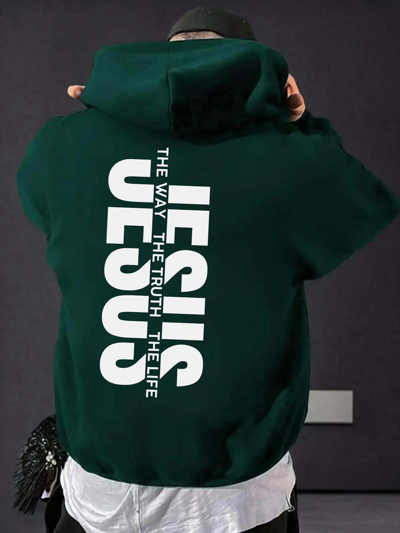 Men's Jesus The Way The Truth The Life Letter Print Knitted Hoodie, Regular Fit Casual Long Sleeve Graphic Hooded Sweatshirt for Daily Wear, Men's Clothes for Fall & Winter