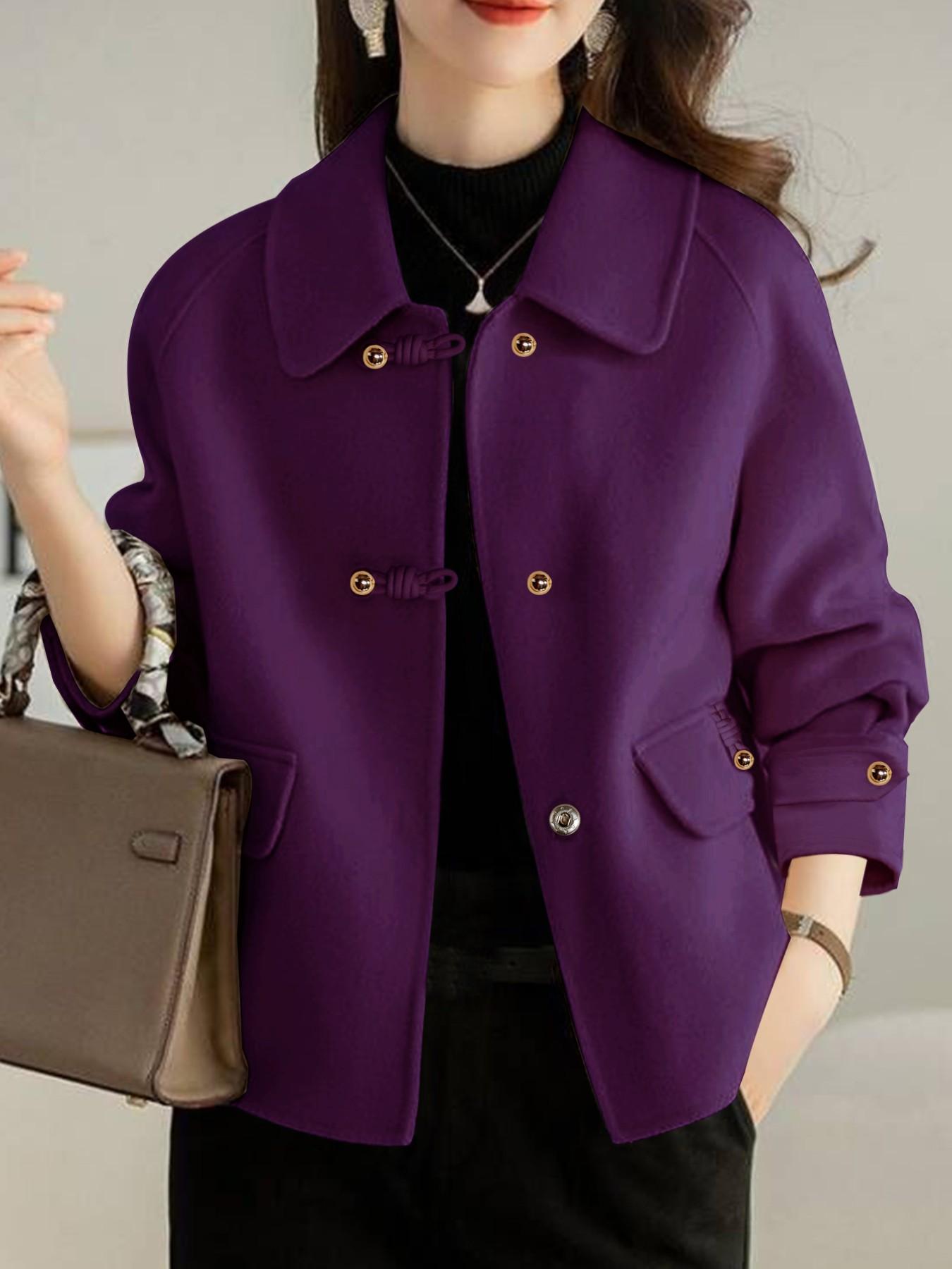 French Fashion Women's Autumn Winter Thicken Woolen Coat, Ladies Short Jacket, Elegant Casual Loose Double-Sided Floral Tweed Long Sleeve Pockets Outerwear