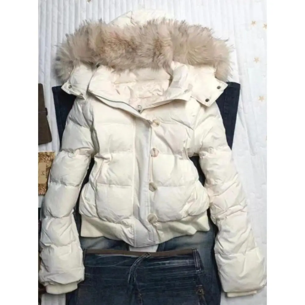 Autumn Winter American Retro White Fur Collar Hooded Jacket Women Y2k Harajuku Vintage Slim Coat Elegant Street Fashion Outwear