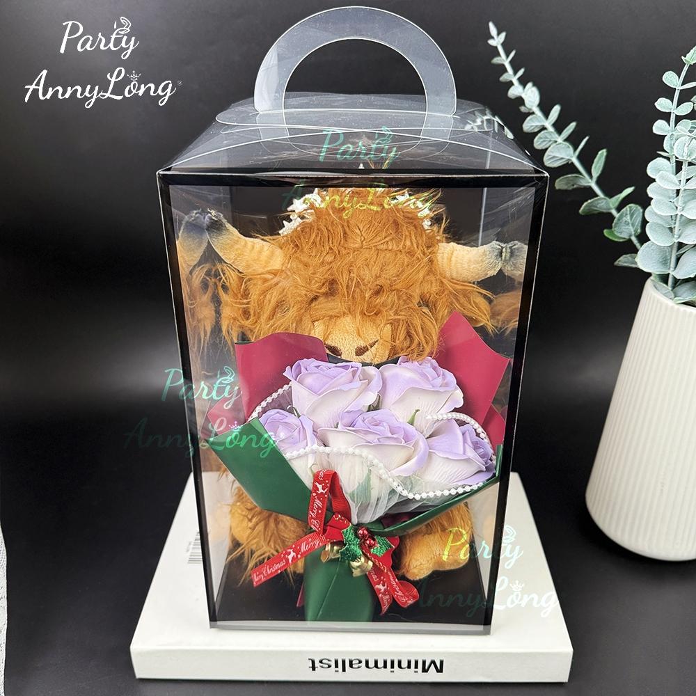 Christmas Highland Cow Plush Toy with Artificial Rose Bouquet, 1-Set Cute Cow Design Plush Home Decoration, Holiday Gift for Loved Ones
