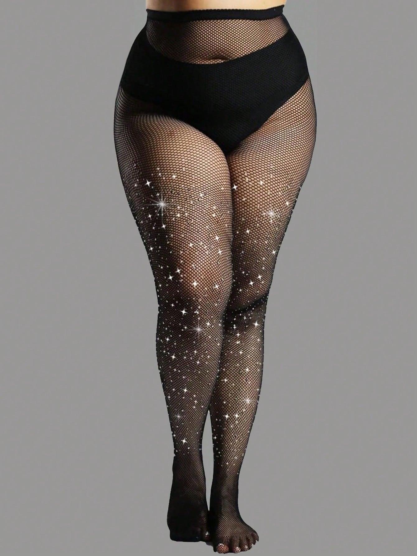 2pcs Plus Size Women's Rhinestone Embellished Fishnet Tights, Stretchy Skinny Mesh Stockings, Goth Style, All Seasons Clubwear