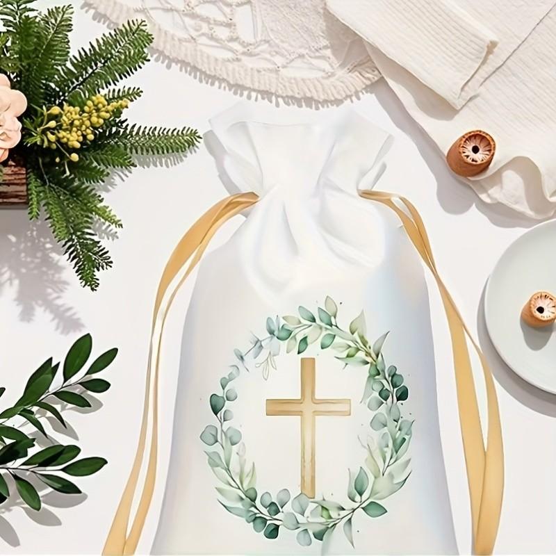 10/30 Religious Baptism and Communion Gift Bags with Drawstring Closure, Gold Wreath and Cross Design, Party Goody Bags, Suitable for Jewelry, Baptism, Communion, Weddings, Birthdays, Baptism Gifts, Party Favors, Gift Package