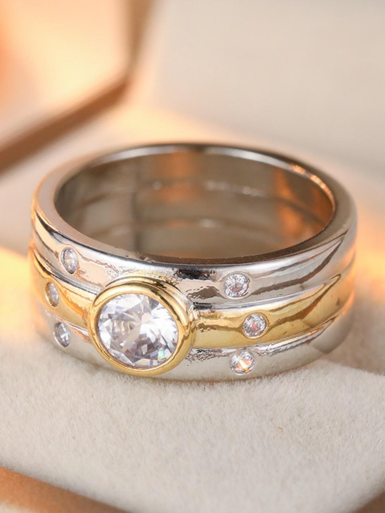 Two Tone Splicing Wide Face Ring with Circular Synthetic Zircon Inlay for Couples, Commemorative Day Gift Ring