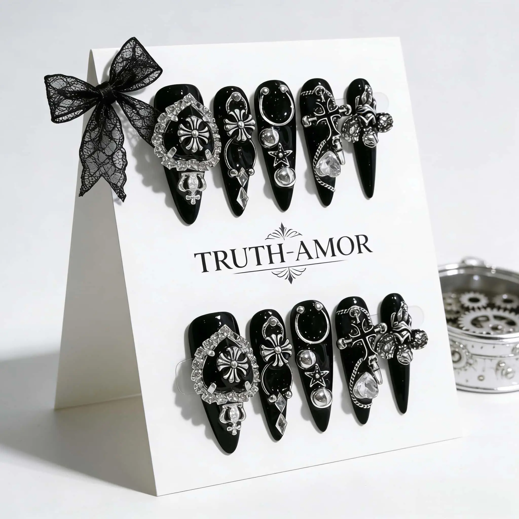10-piece set | TRUTH AMOR Black-Silver Raid・Handcrafted Landmine-style Y2K Nails | Gothic Silver Ornament Artistic Feel・Removable & Reusable | For parties, daily use, rebellious nail choice,nail kit set，nail kit，my nail set，Bedazzled kit