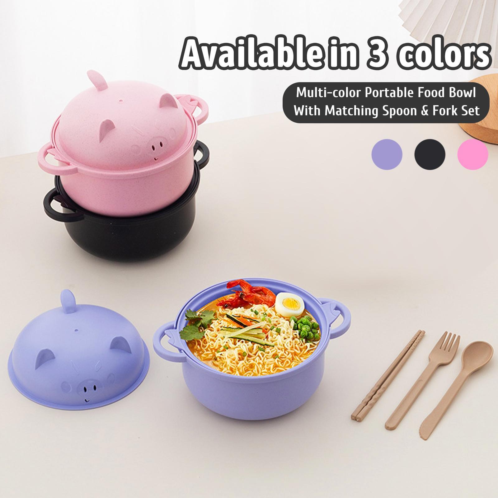 Nifogo Stylish Wheat Straw Cartoon Pig Ramen Noodle Bowl Set - 43oz(1300ml) Microwave-Safe Ramen Cooker with Strainer Lid, Handle, Spoon, Fork, Chopsticks, Stackable Bowls - Camp Kitchen Ware for Home,Camping Use