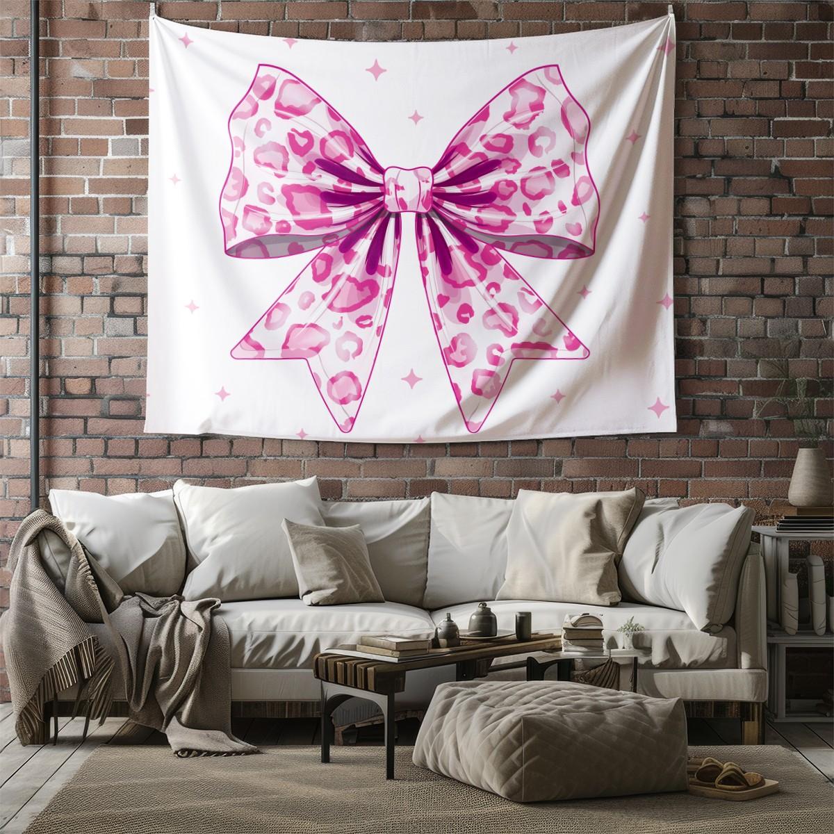 Pink Leopard Bow Tapestry, Cute Y2K Wall Hanging, Aesthetic Tapestries, Soft Wall Blanket, Girly Backdrop Decor for Girls Bedroom & Dorm Room