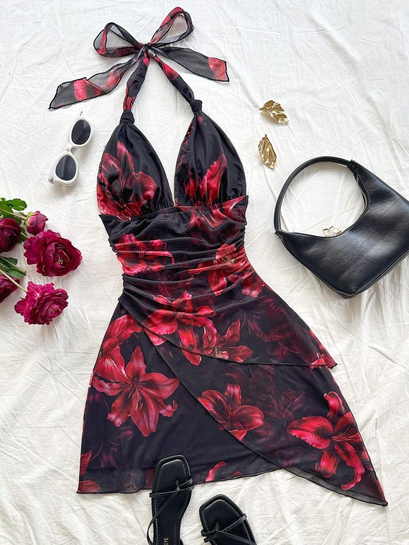 Women's Colorblock Print Tie Back Fashion Draped Dress, Chic Casual Halter Sleeveless Dress for Summer, Ladies Clothes for Beach Holiday Vacation