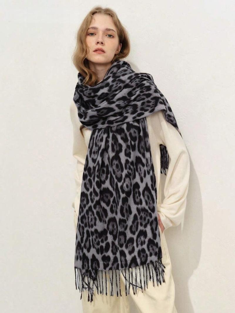 High-Quality Leopard Print Scarf, Cool Tassel Vintage Shawl, Y2K Faux Wool Warm Shoulder Wrap, Fall & Winter Fashion Accessory