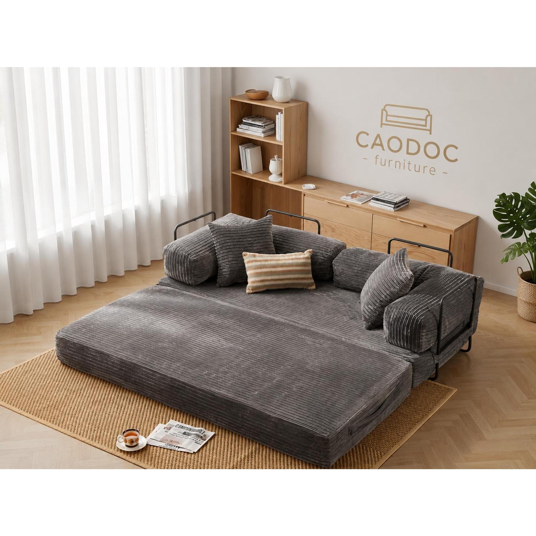 80'' Oversized Boneless Couch, 5-in-1 Convertible Sleeper Futon Sofa Bed with 2 Pillows, Deep Seat Corduroy Floor Sofa for Small Spaces, Foldable Modular Pull Out Couch for Guest Bed & Kids Play Area, No Assembly