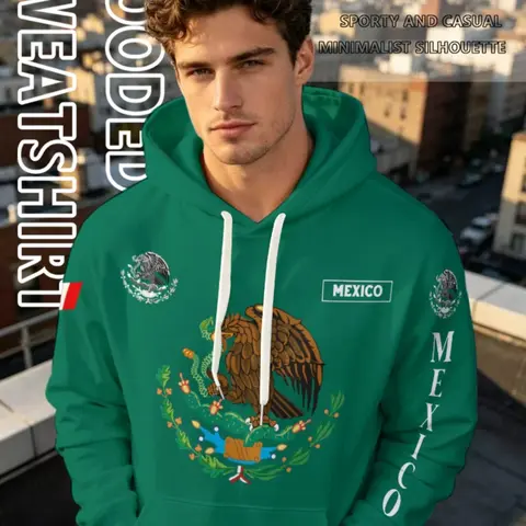 Men's Mexico Emblem-Print Hoodie, Soft Polyester Fabric, Casual Fitted Hooded Sweatshirt for All Seasons, Comfortable Graphic Streetwear, Menswear