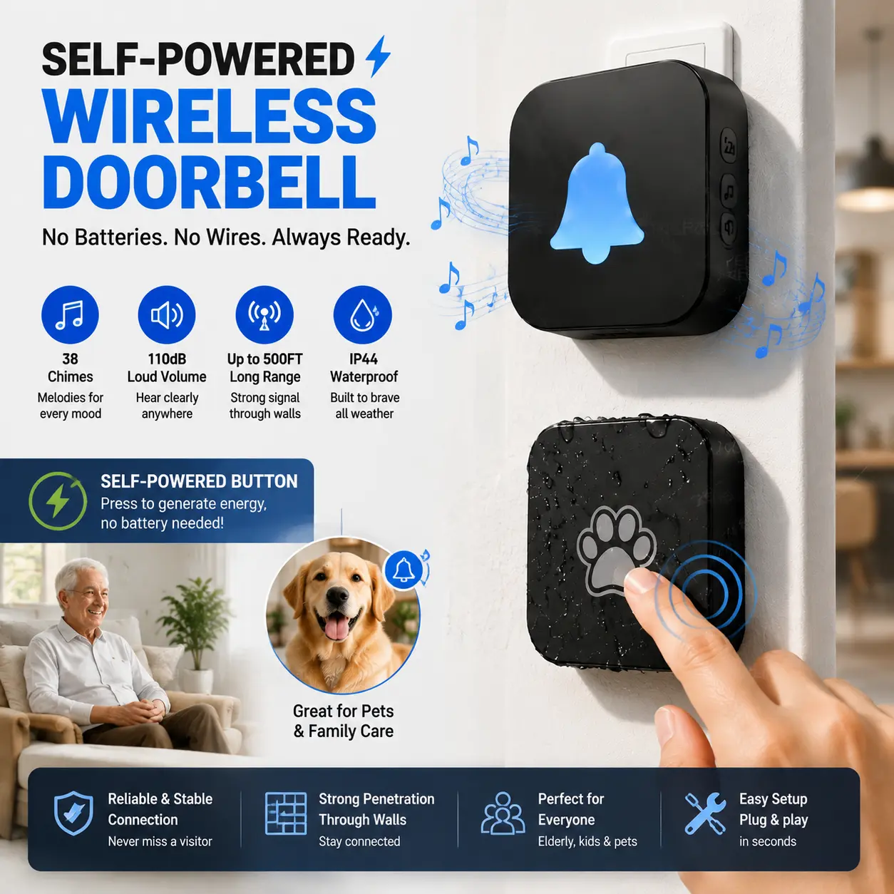 Portable Wireless Calling Doorbell with No Battery Installation, 38 Sound Choices, Waterproof Push Button, Extra Loud Notification & Extended Range Receiver for Home Security, Caregivers and Family Alerts