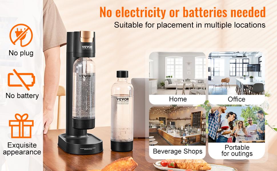 VEVOR Automatic Plastic Sparkling Water Maker Soda Starter Kit - Travel-Friendly, Natural, Additive-Free, Sugarless Carbonation, 2 BPA-Free 1L PET Bottles, Mainstream Screw-In 60L CO2 Cylinders Compatible (Not Included), Black