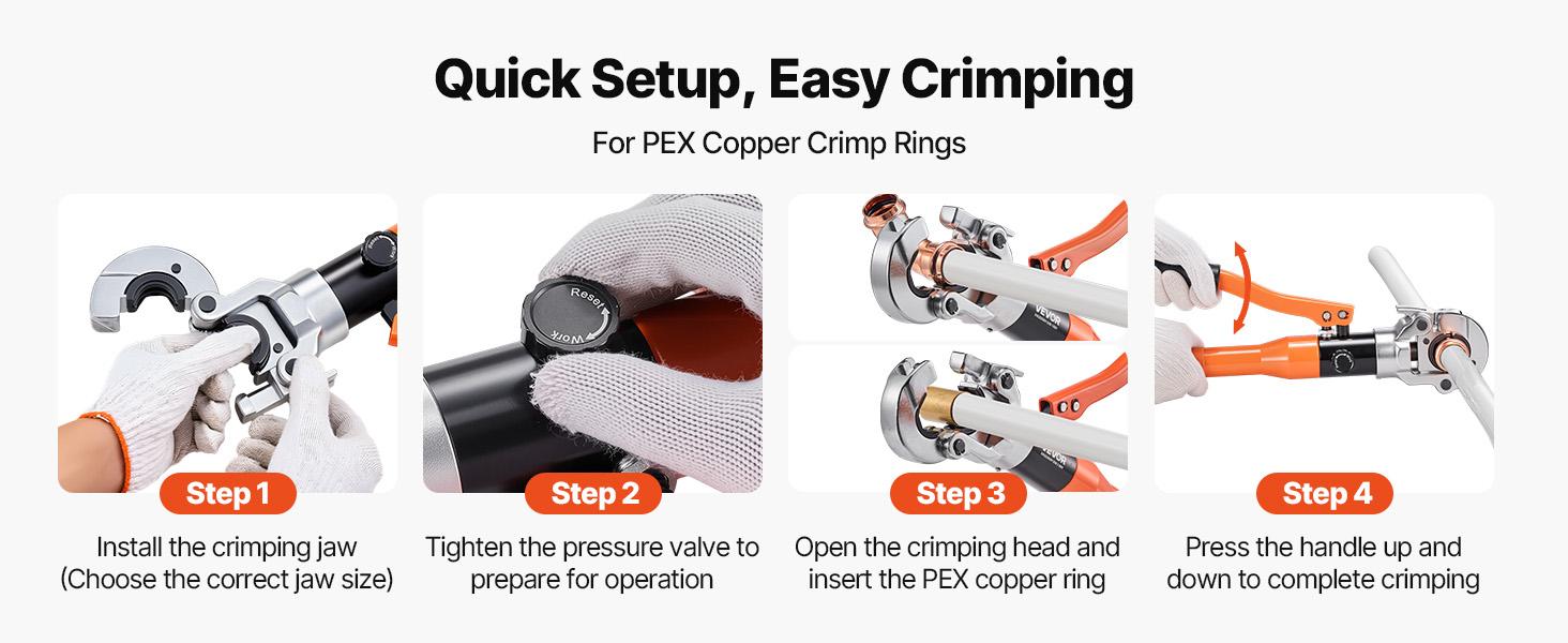VEVOR Copper Pipe Crimping Tool, Hydraulic Driven Pro Press Tool with 1/2, 3/4, 1 Jaws for Copper Tube 3/8, 1/2, 5/8, 3/4, 1 Jaws for ASTM F1807 PEX Pipe Copper Ring - with Carrying Case VEVOR Copper Pipe Crimping Tool, Hydraulic Driven Pro Press Tool with 1/2, 3/4, 1 Jaws for Copper Tube 3/8, 1/2, 5/8, 3/4, 1 Jaws for ASTM F1807 PEX Pipe Copper Ring - with Carrying Case