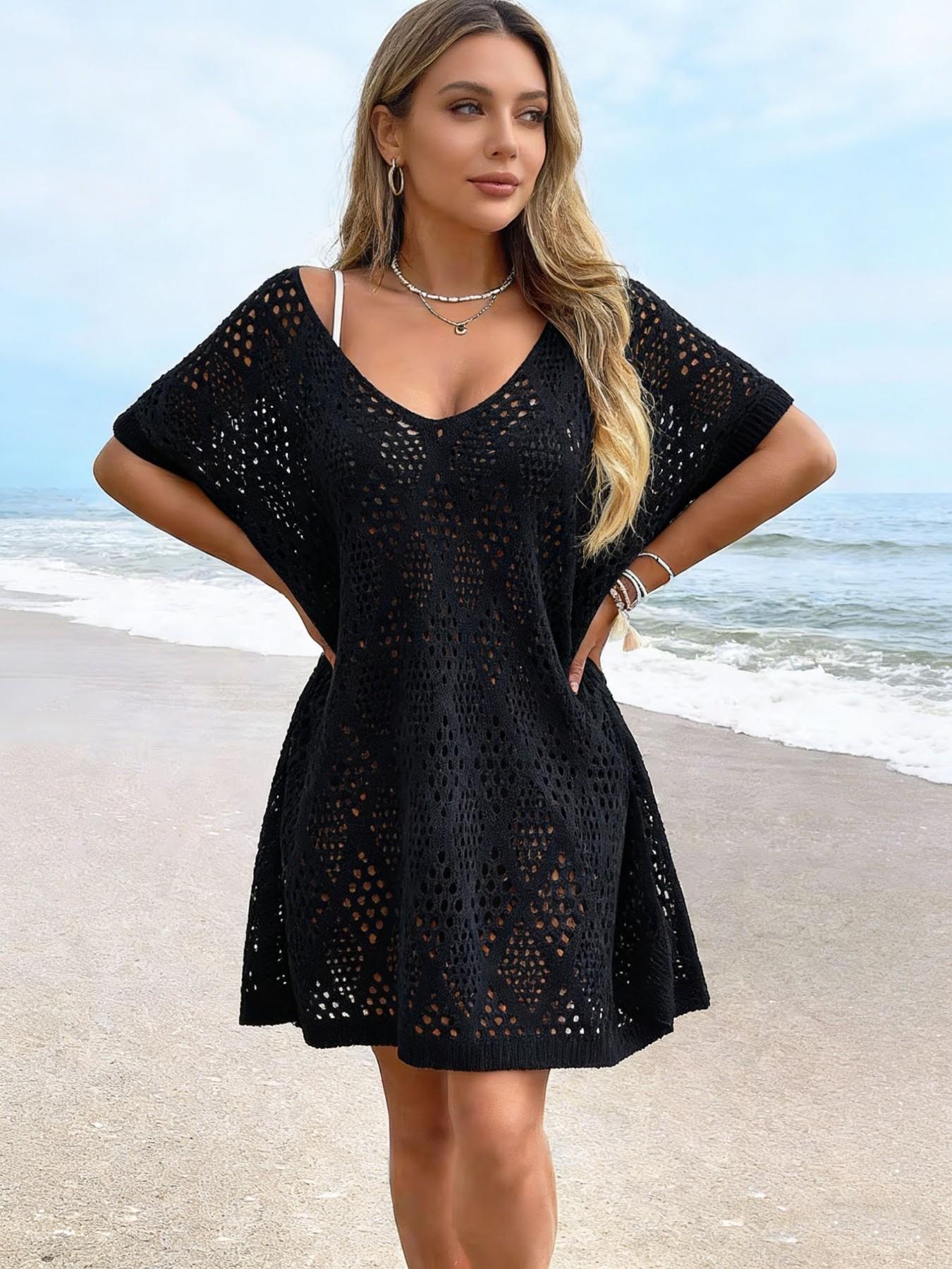Elegant V Neck Crochet Beach Dress, Sexy Elastic Acrylic Hoodie, Side Slit, Spring Summer Fall, Vacation