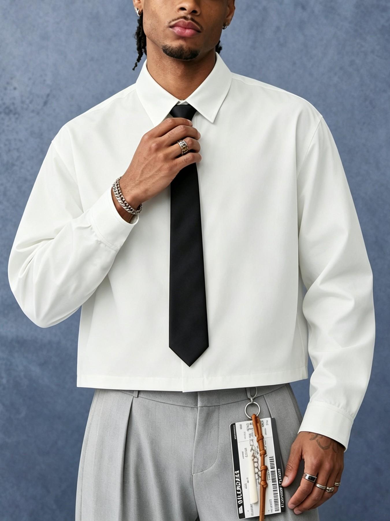 Men's Casual Long Sleeve Shirt with Tie, Loose Fit Short Top, Fashionable and Comfortable Design, Ideal for Office Wear
