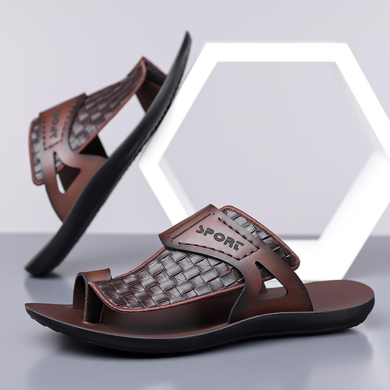 Men's Summer New Sandals, Letter Print Straw Texture, Trendy Anti-Slip Thin Sole, Casual Beach Shoes, Fashionable and Comfortable