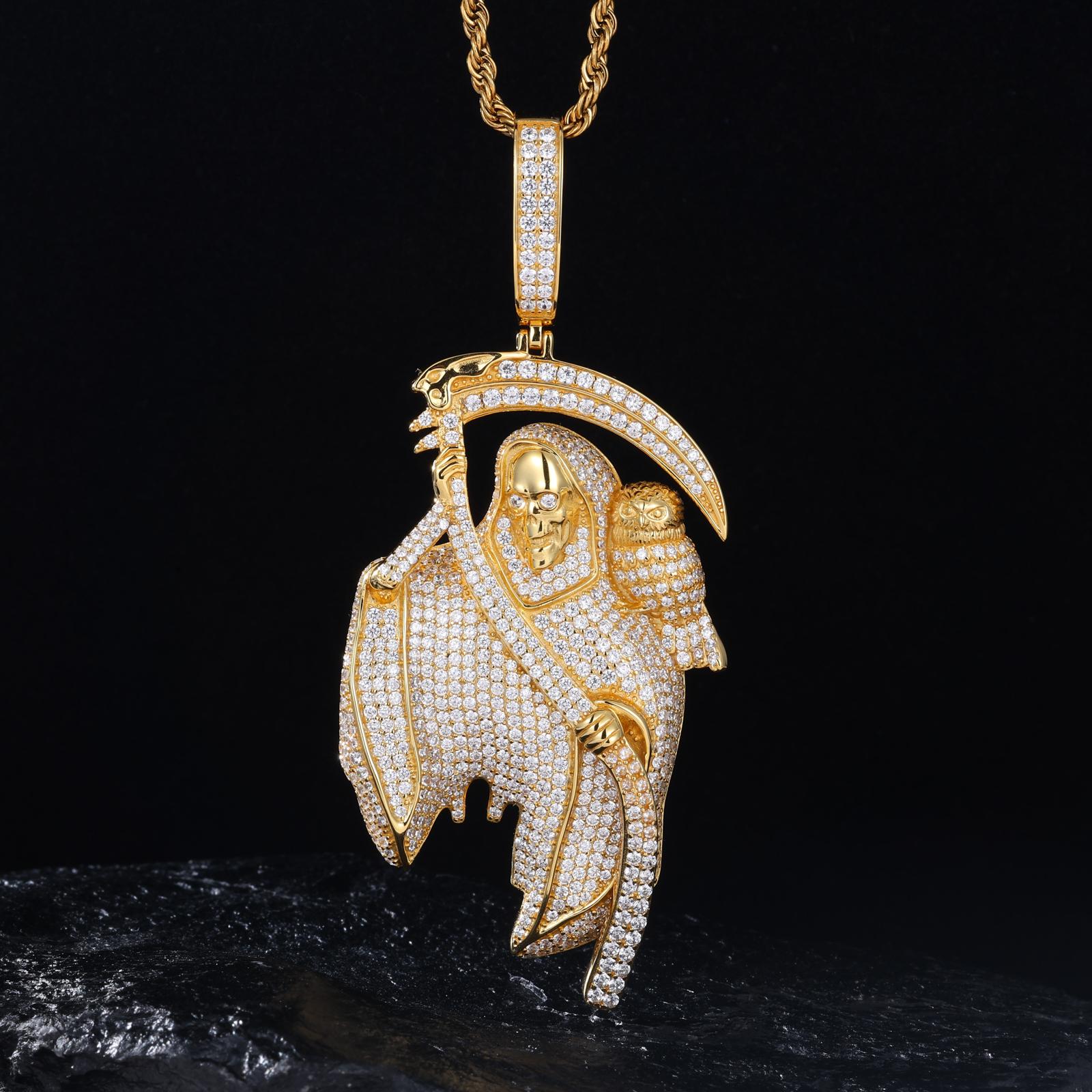 【#P535】Iced Out Reaper Pendant With Owl UCCIYO S925 Sterling Silver Synthetic Moissanite Pendant Necklace for Women Men Hip Hop Jewelry Gift