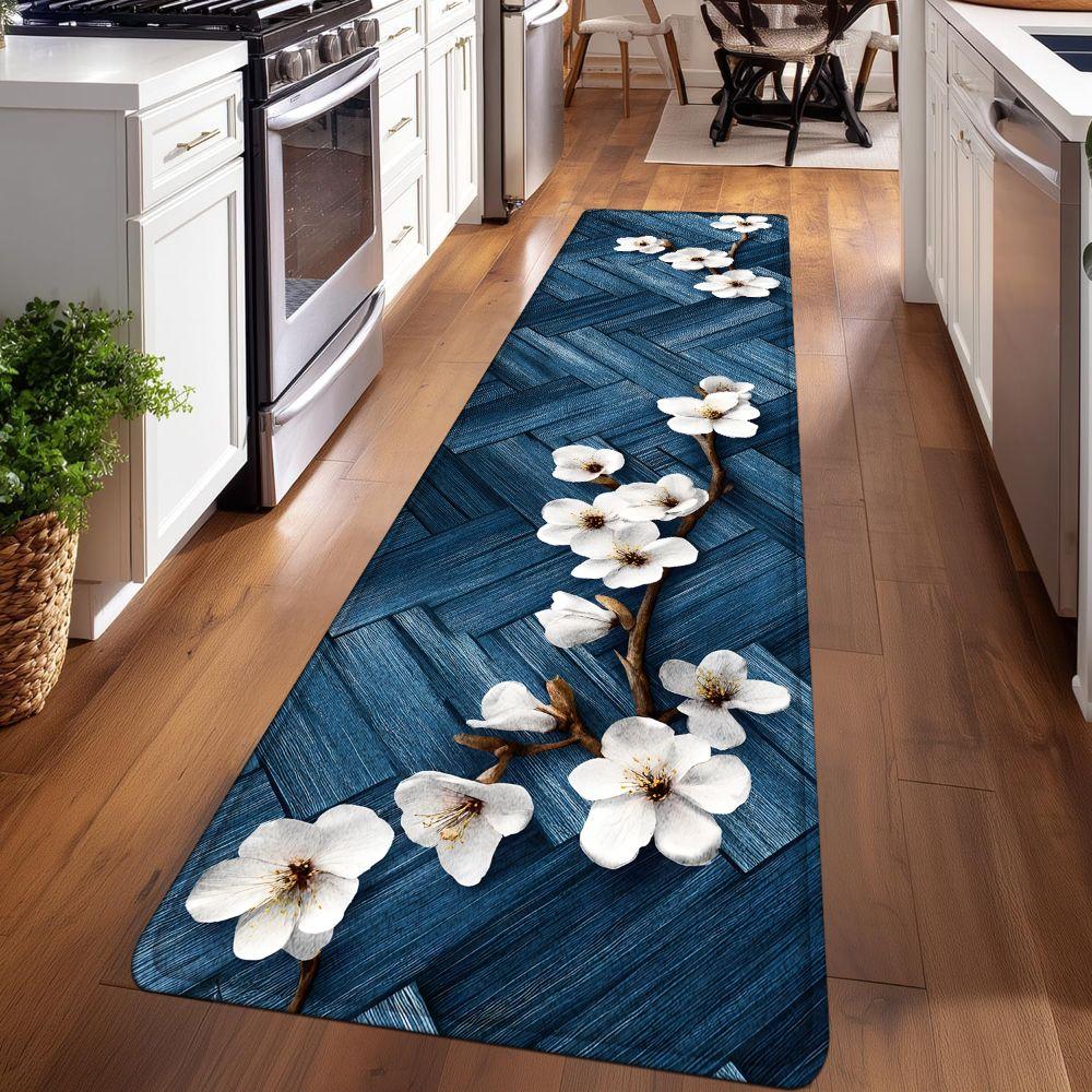 1PC， Blue and White Magnolia Branch Pattern strip rugs, home décor, bathroom mats, entryway mats, bathroom non-slip mats, indoor entrance rugs, bedroom bedside mats, kitchen mats, hallway rugs, flannel sponge rugs, hallway runner rugs