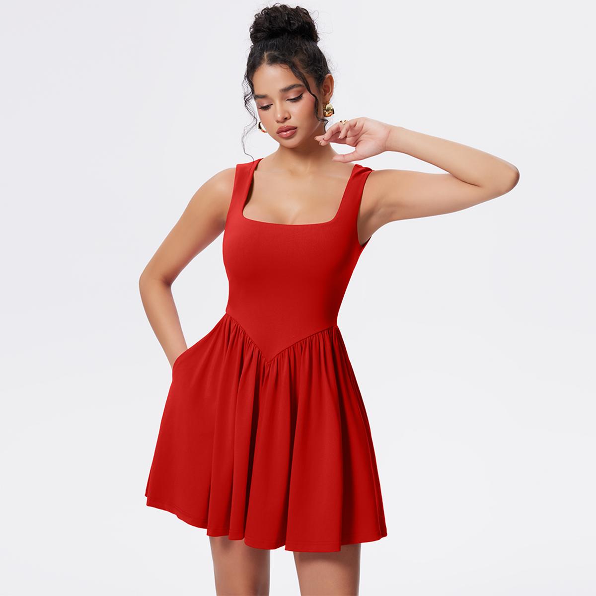 OYV Women's Summer Sleeveless Square Neck A-line Ruffle Hem Mini Tank Dress with Pockets