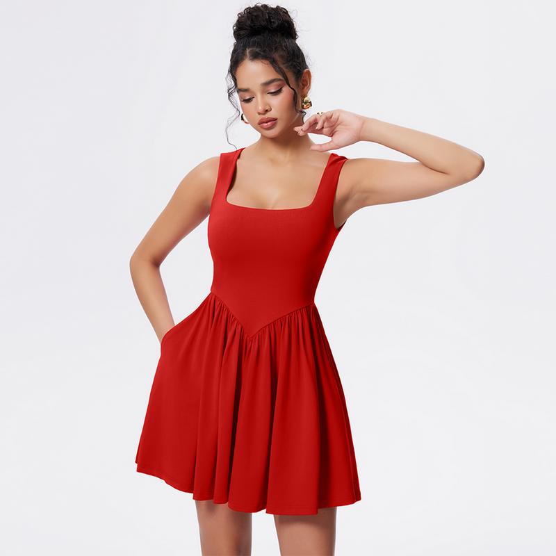 OYV Women's Summer Sleeveless Square Neck A-line Ruffle Hem Mini Tank Dress with Pockets