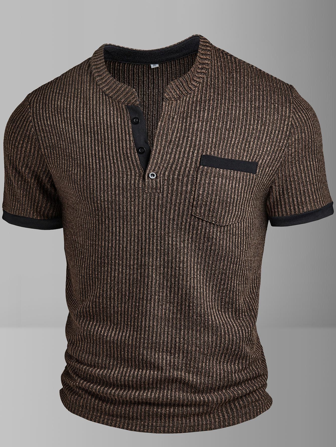 Spring New Men's Casual Fashion Textured Two-Tone Striped Henry Shirt, Short Sleeve, Small Stand Collar, Polyester Fiber