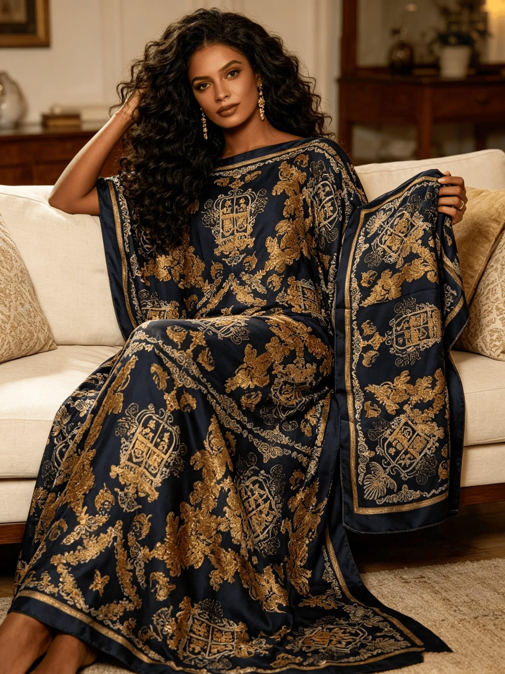 2026 New Women's 2 Piece Black Gold Baroque Print Kaftan Maxi Dress with Matching Headscarf, Silky Loose Pleated Robe, Plus Size Friendly, Beach Cover Up, Resort Vacation & Luxury Evening Party Wear