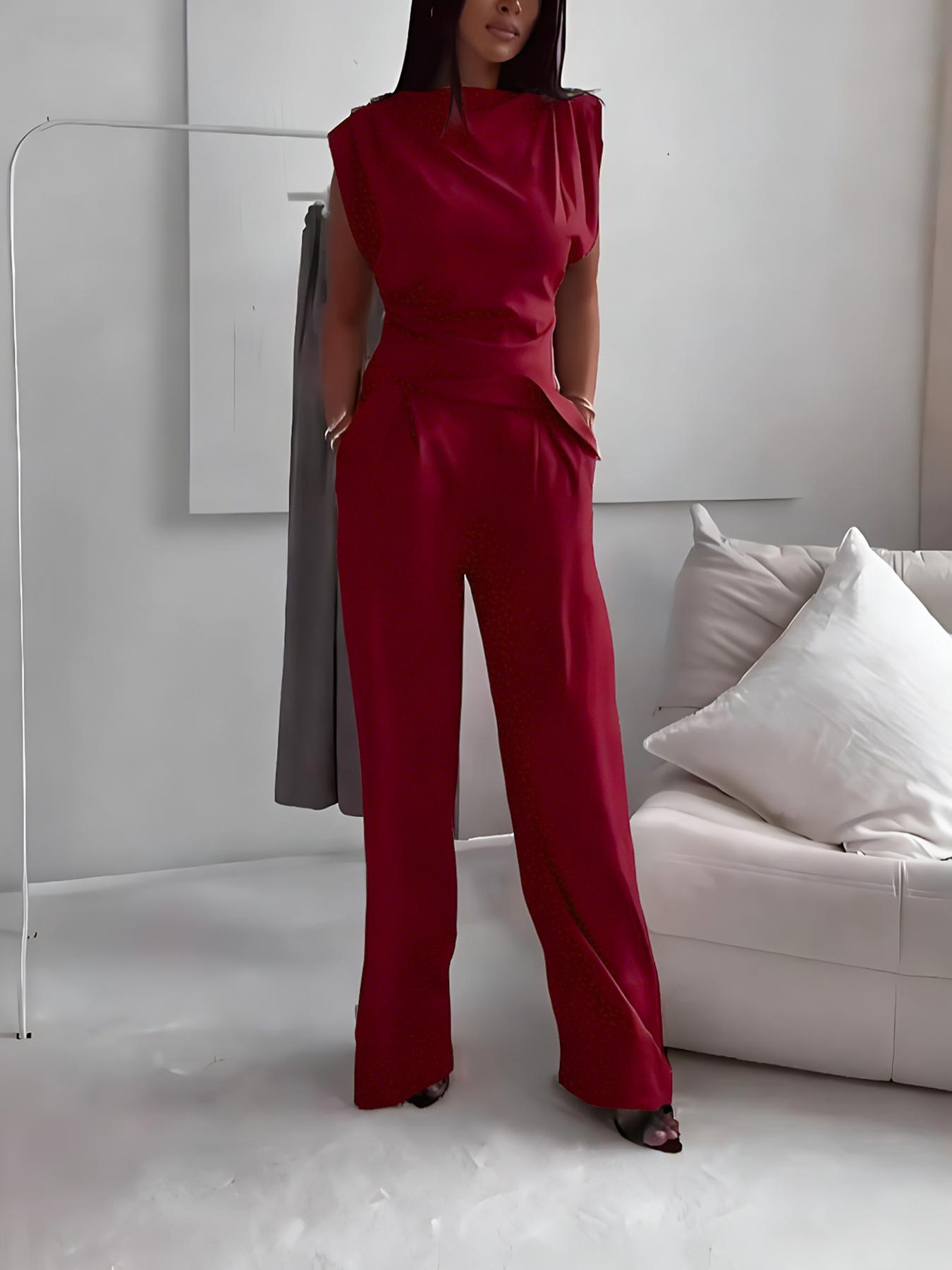 Women's Plain Elegant Asymmetrical Hem Sleeveless Top Long Pants Set, Stylish Casual for Daily Wear, Comfortable, Trendy and Slim