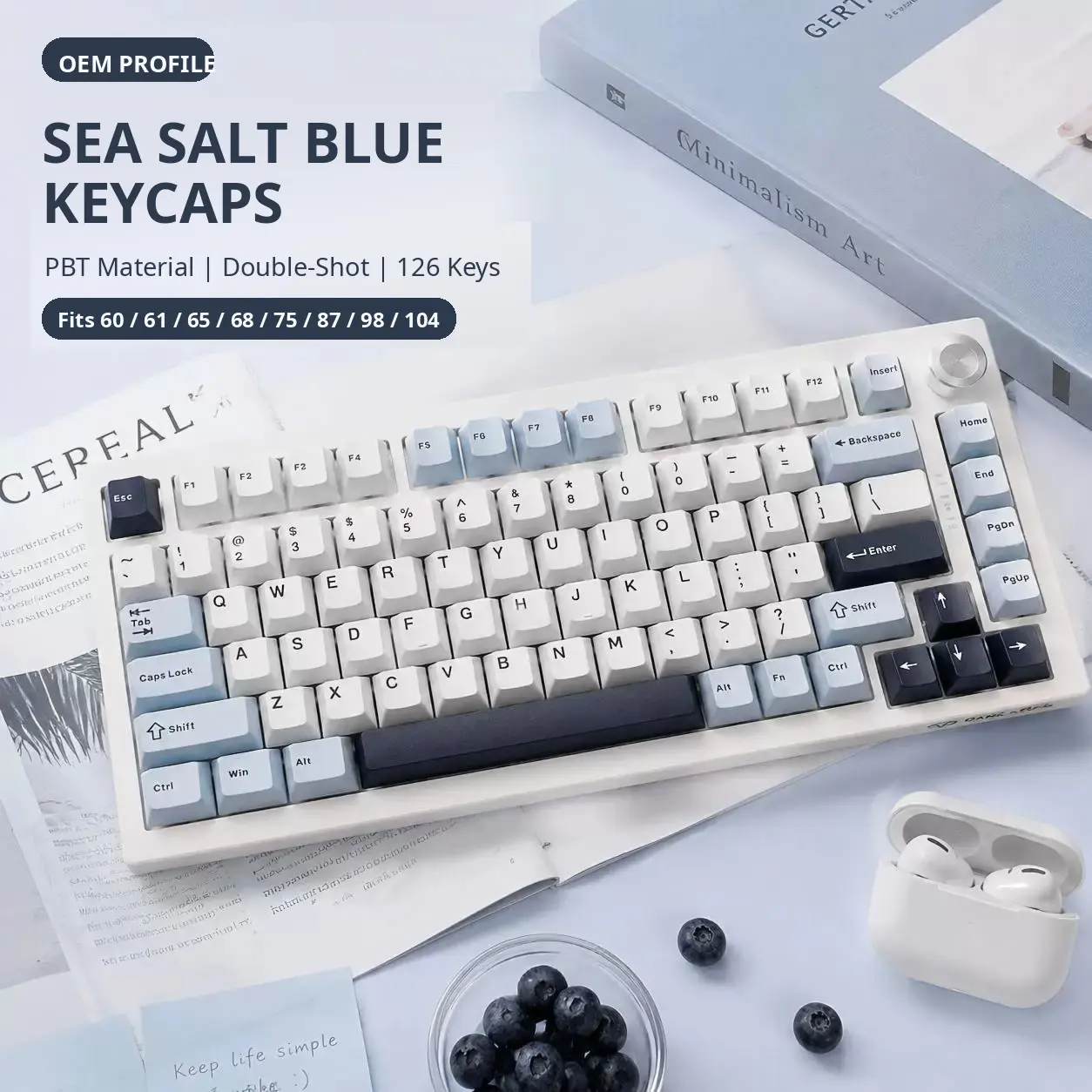 126 Keys Double Shot Pbt Plastic Keycaps Sea Salt Blue, Compatible with 60/65/75/87/104 Mechanical Keyboard, Durable and Aesthetic Design