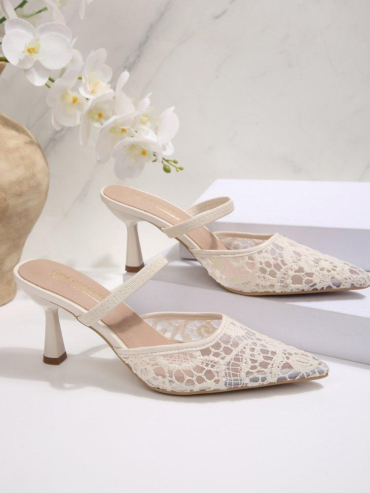 Women's Summer French Lace Pointed Toe Sandals Block Heel Ankle Strap Slingbacks Sexy Outdoor Slides