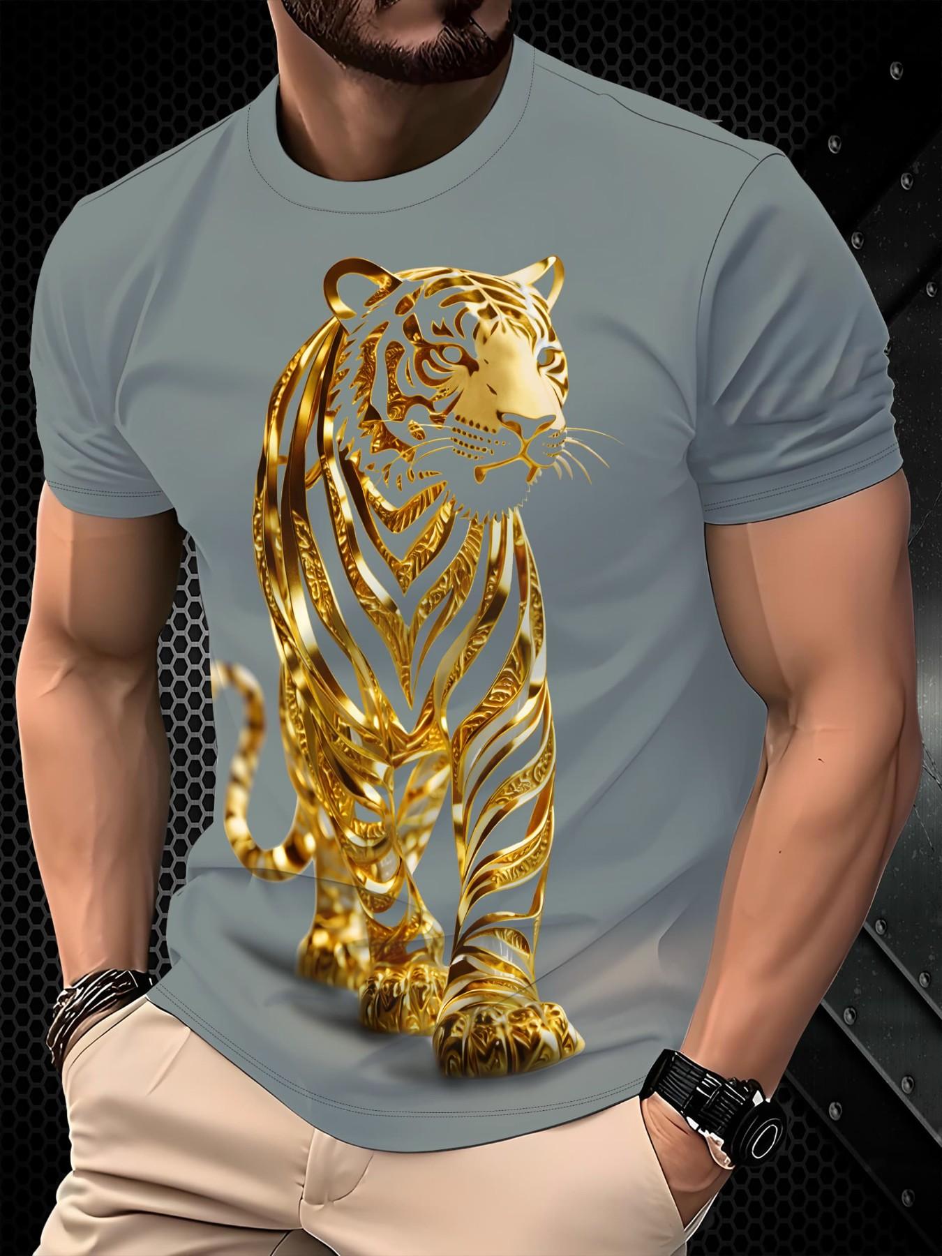 Summer Men's Sporty Short Sleeve T-Shirt, Quick-Dry Breathable Round Neck, Loose Fit, Golden Tiger Print, Casual Daily Wear, Multiple Colors Available