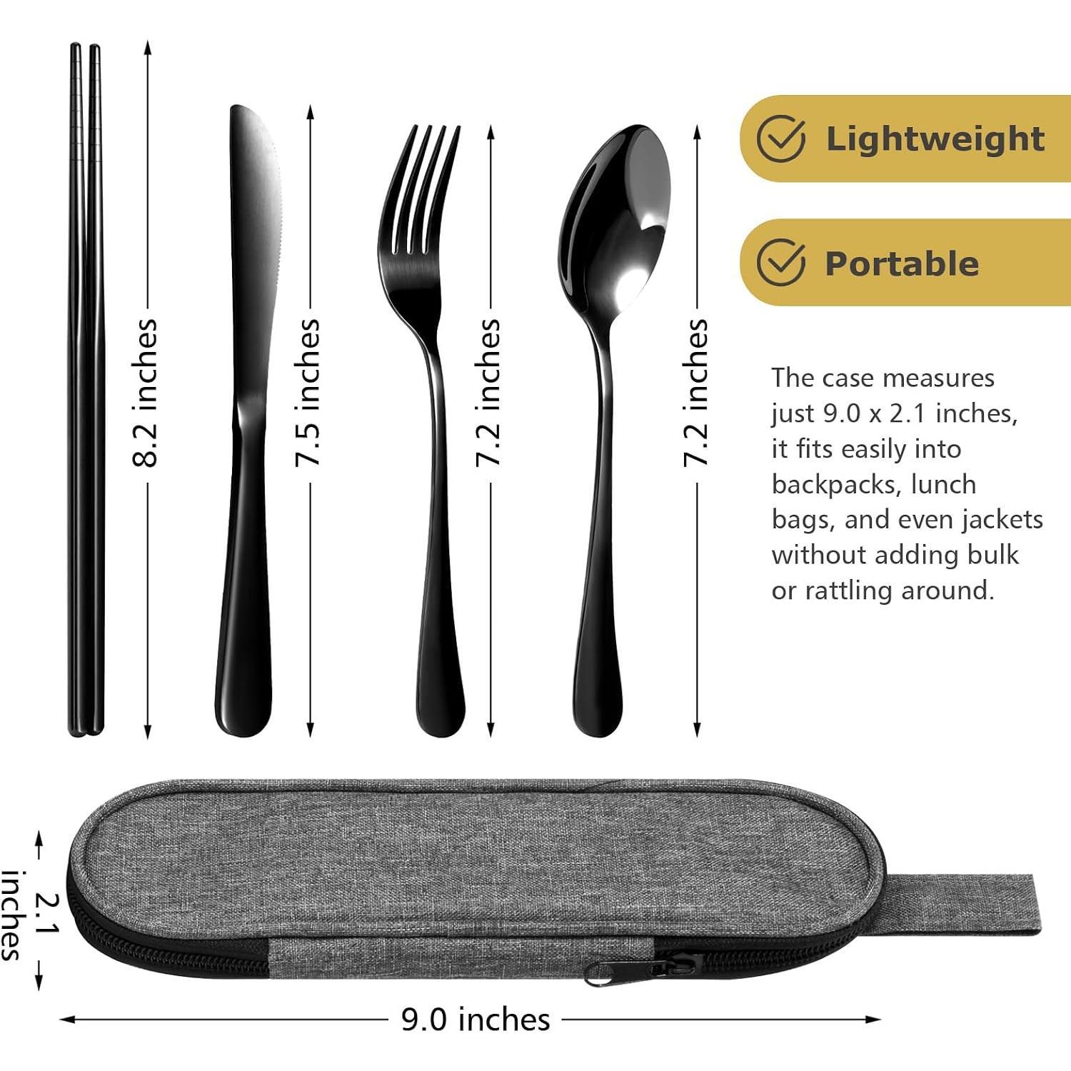 Matte Black 5-Pieces Stainless Steel Unisex Travel Utensil Set with Compact Fit Case - Portable Flatware Includes Fork, Spoon, Chopsticks for Hiking, Outdoor Dining, Daily Use Matte Black 5-Pieces Stainless Steel Unisex Travel Utensil Set with Compact Fit Case - Portable Flatware Includes Fork, Spoon, Chopsticks for Hiking, Outdoor Dining, Daily Use