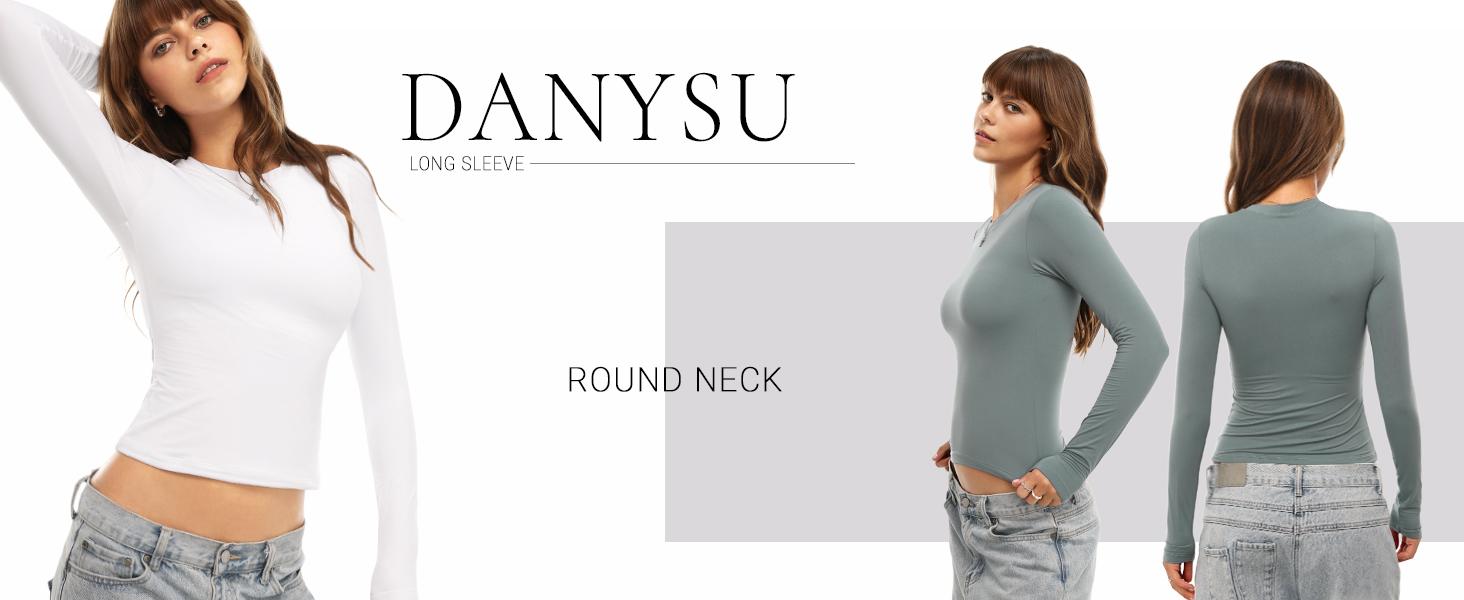 Danysu Double Lined High Round Neck Long Sleeve Tops for Women with Built in Bra Nylon Basic Crop Fall Tee Shirts