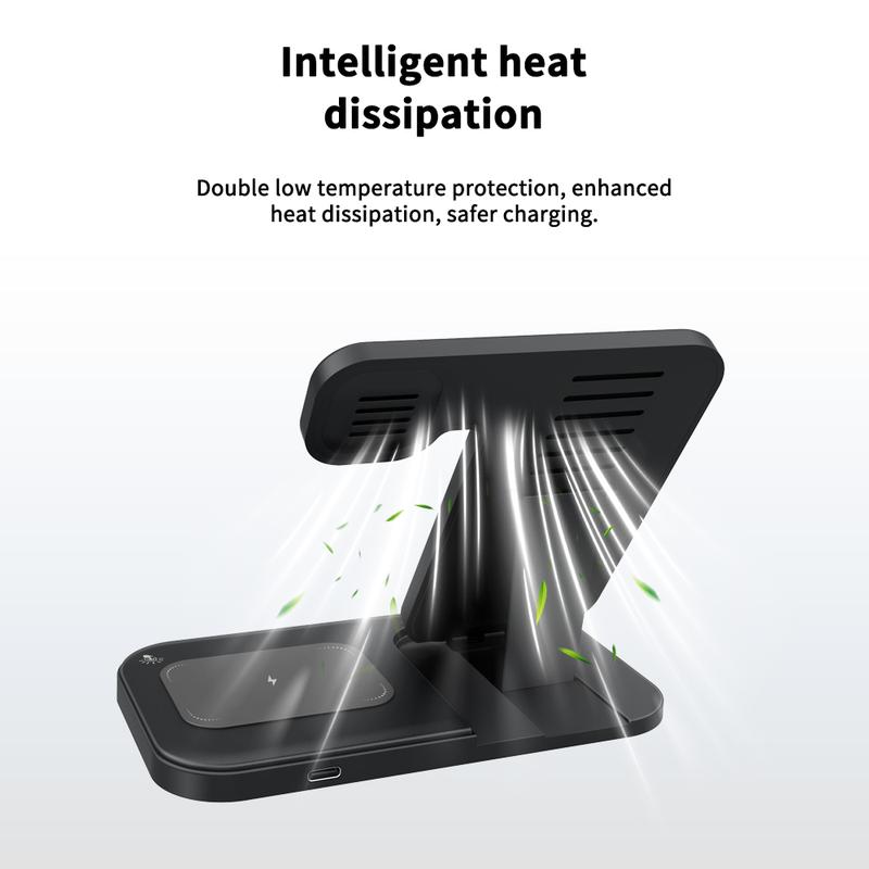 Folding 3-in-1 Wireless Charging Station 15W Fast Charger for IPhone 16-11, IWatch Ultra10-2/SE, AirPods 4-2/Pro, and Qi-compatible phones