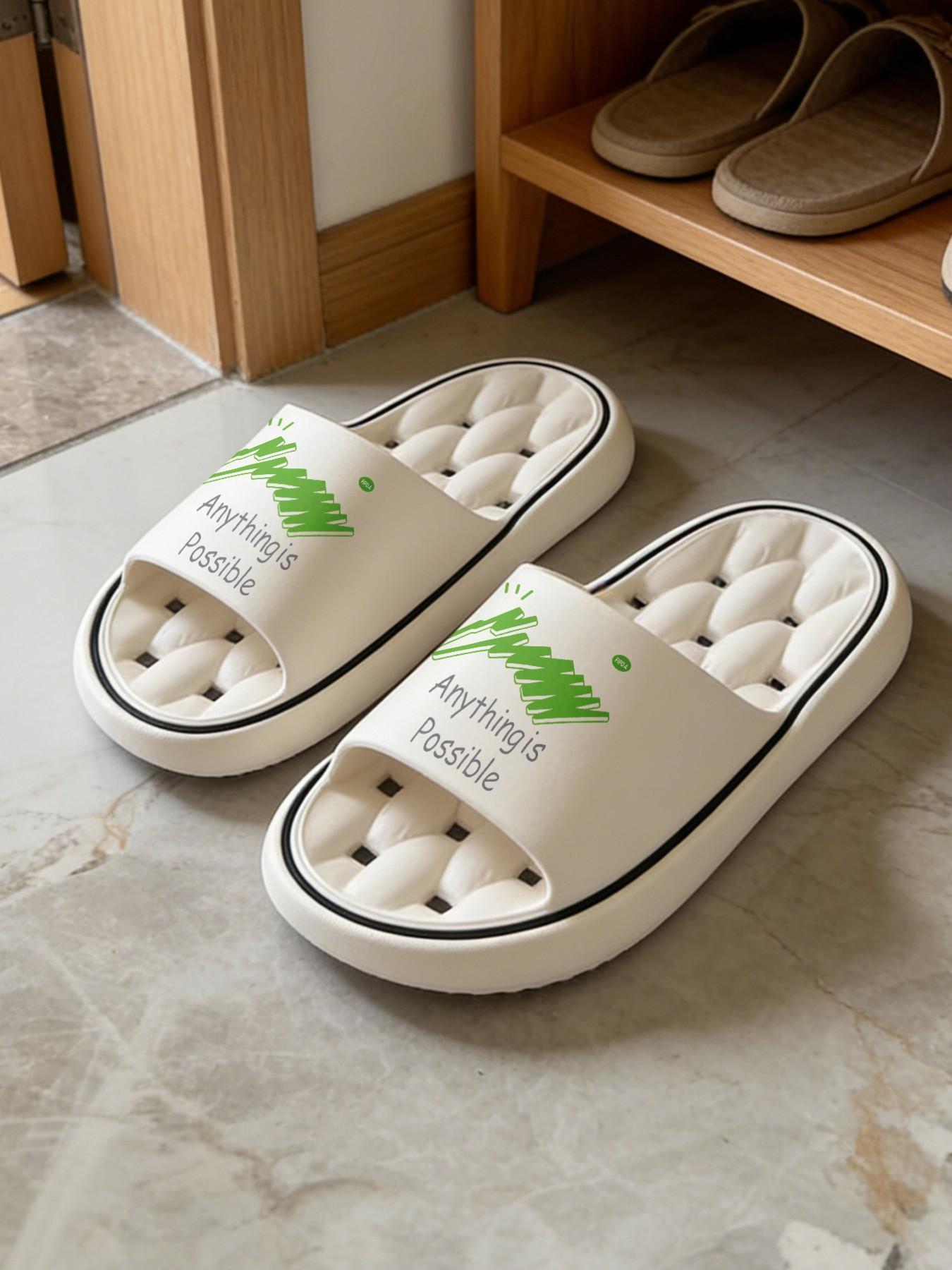 1 Pair Inspirational Slogan Bamboo Themed Printed Hollow Massage Thick Sole Slippers, Minimalist Fresh Style, Non-slip Soft Sole, Quick-dry for Bathroom, Indoor & Outdoor Dual-use, Open Toe Slides, Bathroom Casual Slippers