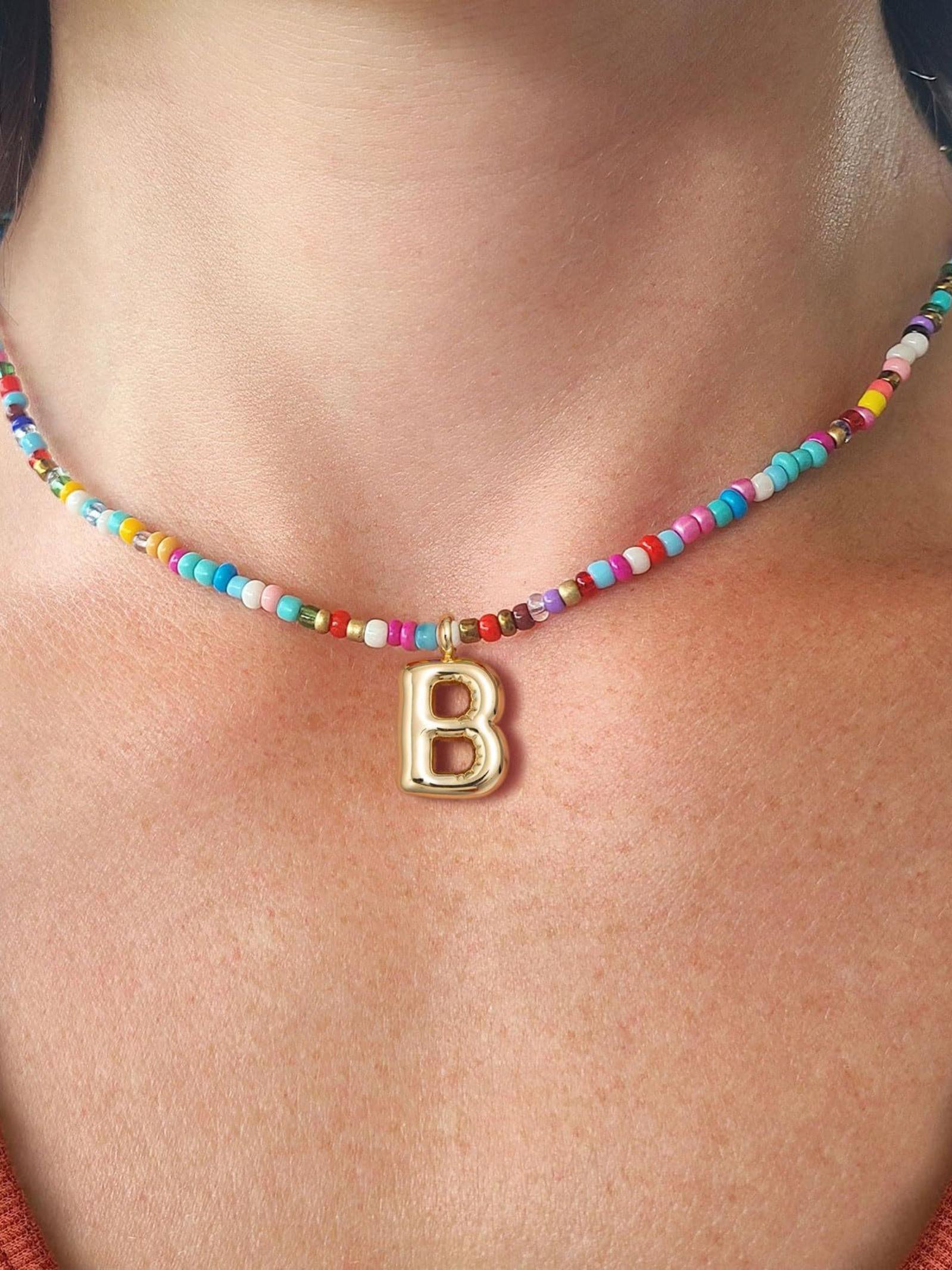 Women's Colorful Letter Necklace, Bubble Initial Necklace, Handmade Beaded Jewelry, Bohemian Beach Style, Perfect Gift, High-Quality Fashion Accessory