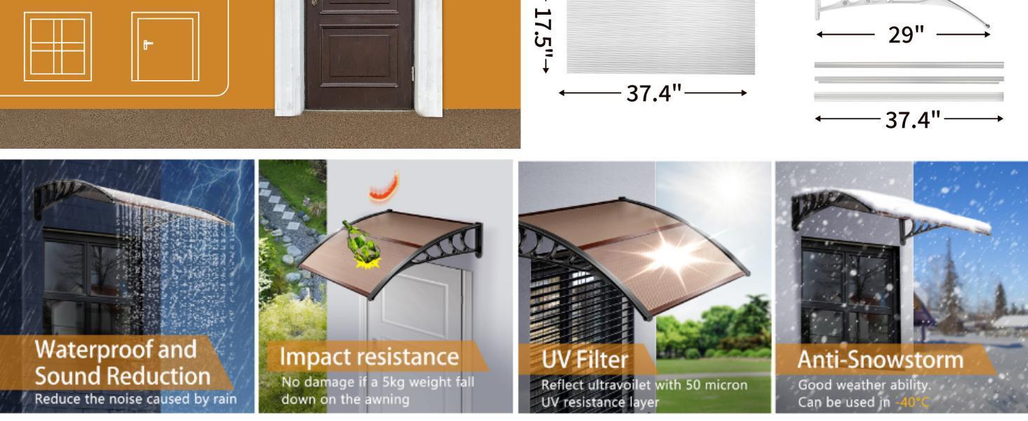【Summervibes】Karlhome Anti-UV Awning, Door Awning, UPS 50+Polycarbonate Cover Front Door Outdoor Patio Awning Anti-UV Rain Snow Sun Protection Hollow Core Panel Window, High Quality ABS and Polycarbonate Material