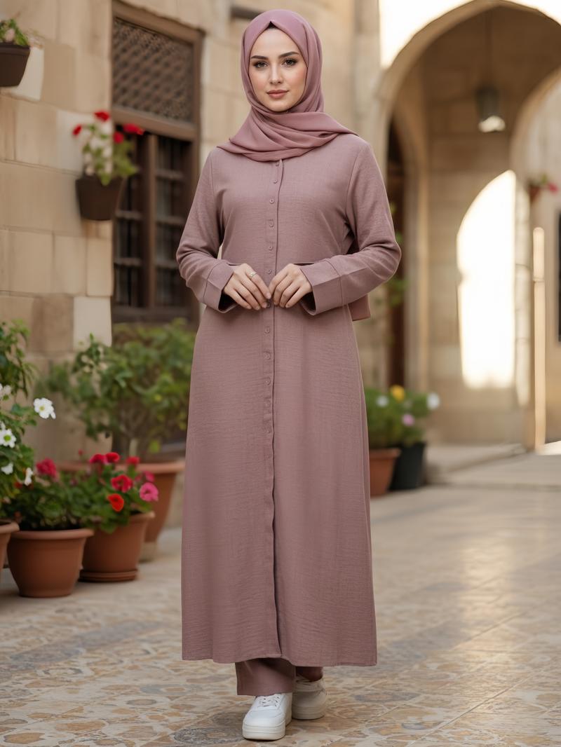 Two-Piece Long Sleeve Tunic Shirt Set with Belted Waist & Loose-Fit Pants, Breathable Linen-Like Fabric, Pocket Design, Casual Wear, Modest