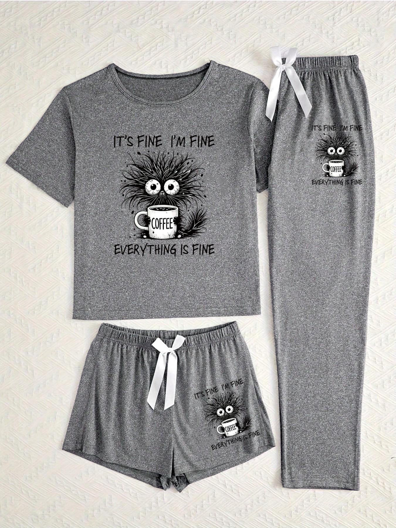 Women's 3-Piece Pajama Set, Sleepwear, Humorous Cat Theme, Coffee Pattern, Comfortable Home Wear, Loungewear Outfit, Slim-Fitting, All Seasons, Casual Style
