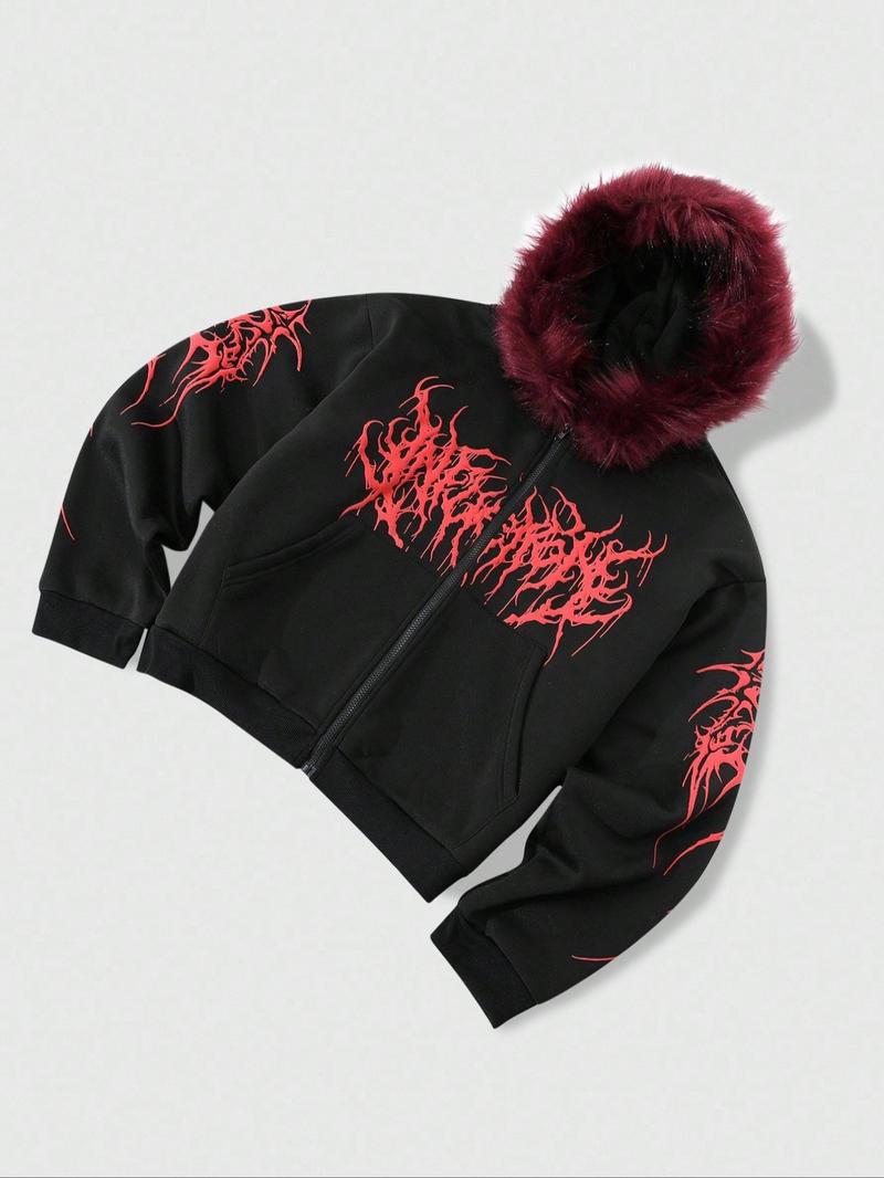 Unisex Y2K Gothic Angel Print Hooded Jacket, Hat with warm fleece lining,Fleece Lined, Zipper Design, Street Fashion, Warm and Stylish, Outdoor and Daily Wear