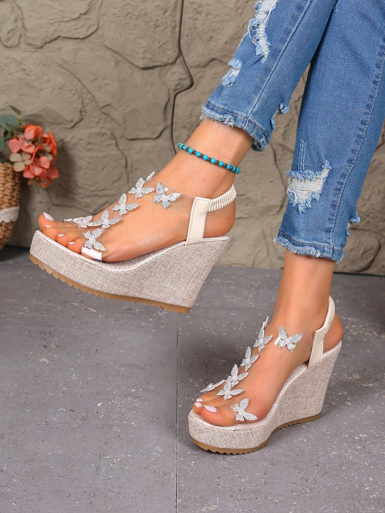 Women's Rhinestone Butterfly Transparent Wedge Sandals, Summer Fairy Style Platform Elevated Open-Toe Roman Shoes