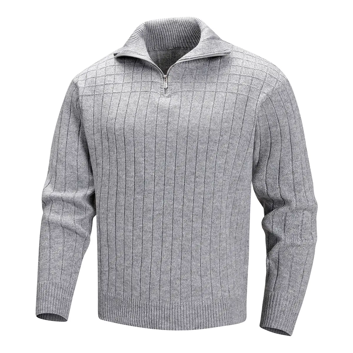 Men's Quarter Zip Vertical Striped Polyester Knit Sweater - Stand Collar, Long Sleeve, Grid Textured, Ribbed Cuff, Fitted Cut, Machine Washable, Solid Color Casual Business Outerwear for Spring Autumn Commute, Quarter Zip Sweater