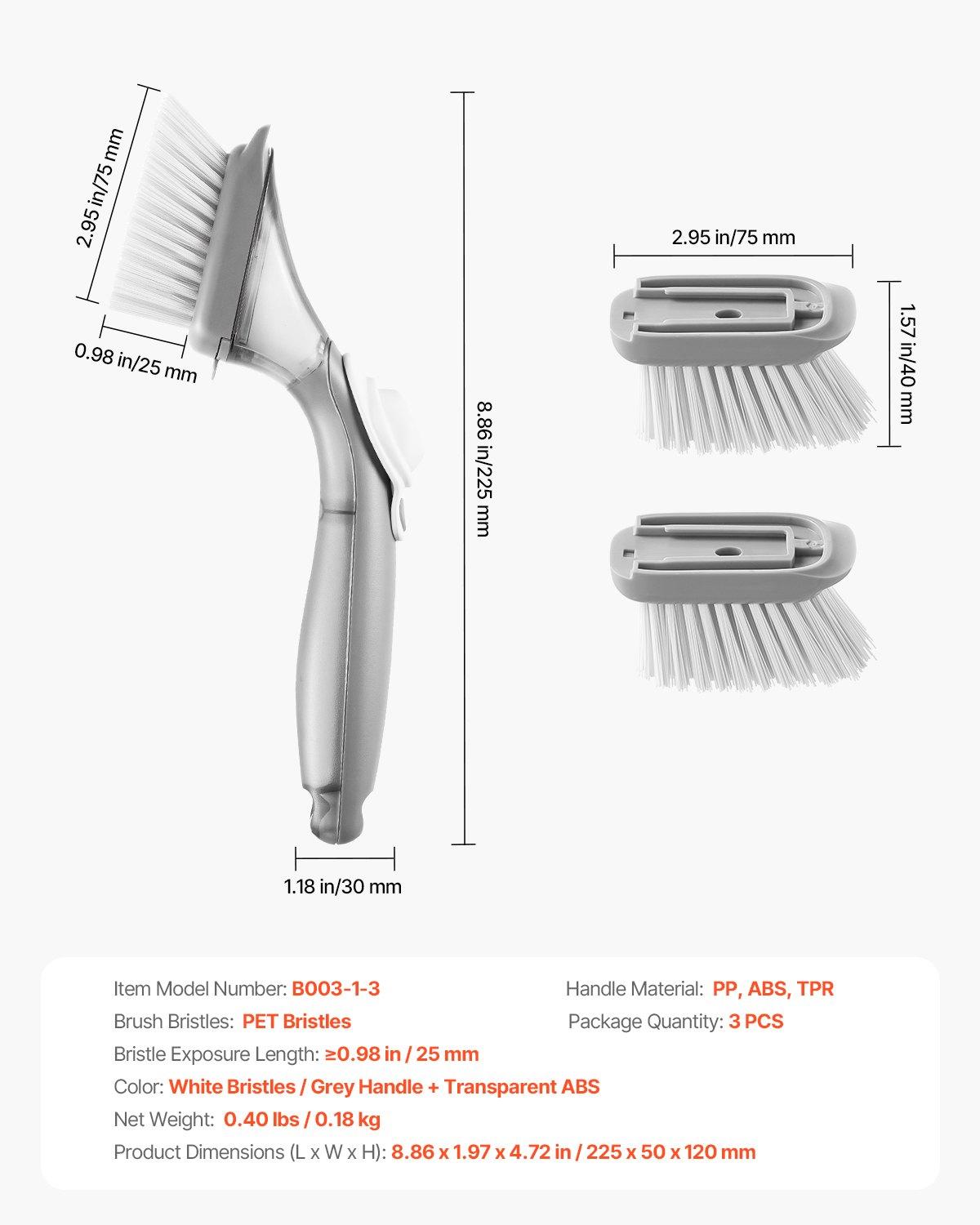 【Father's Day gift】VEVOR Soap Dispensing Dish Brush, Kitchen Scrub Brushes with 3 Brush Heads, Dish Cleaning Brushes with PP Handle and Curved Bristles, Ideal for Pots, Pans, Sink and Stove