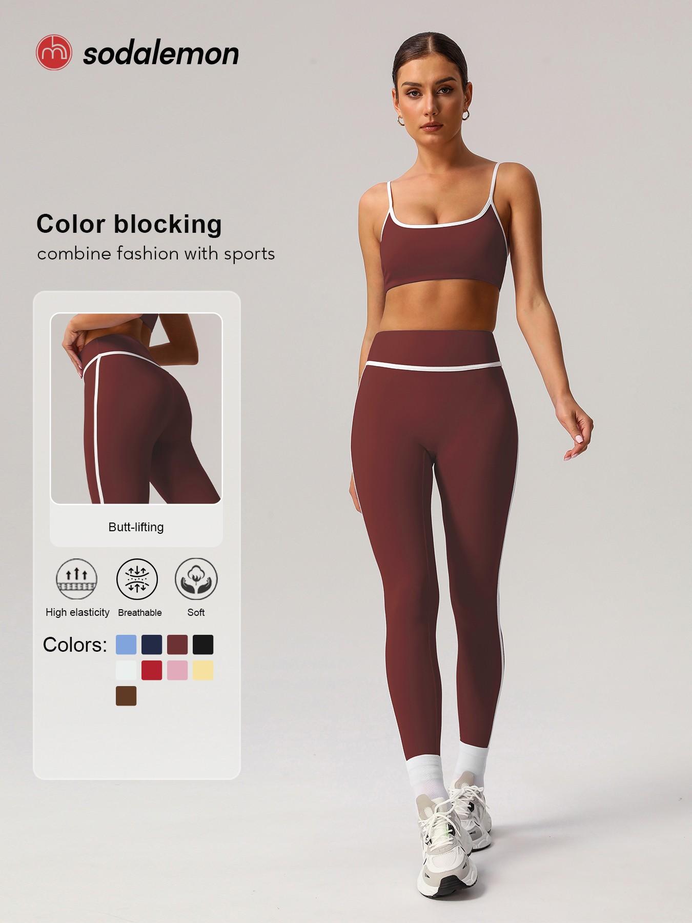Women's Contrast Binding Crop Cami Top & High-Waist Leggings Set, Casual Sleeveless Top & Skinny Pants Two-Piece Yoga Outfits, Ladies Sportswear Workout Running Clothes for Indoor & Outdoor Wear