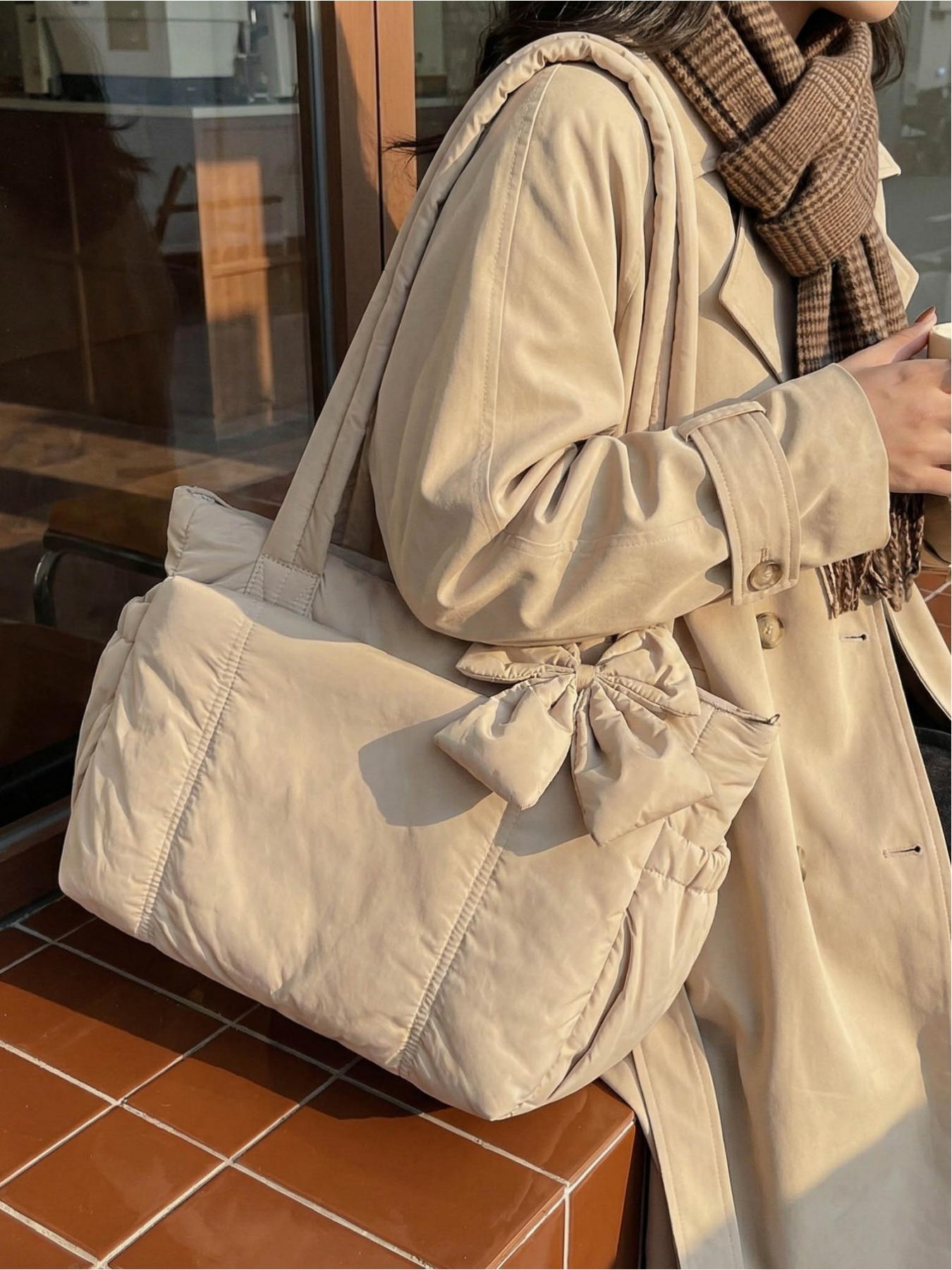 Pink Quilted Bow Tote Bag, Casual Lightweight Shoulder Bag, Casual Commuter Bag, Suitable for Commuting, Shopping, Leisure Outings, Everyday Accessories.