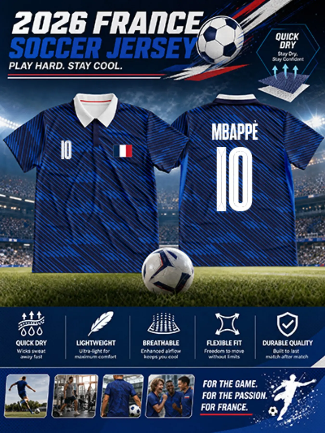 2026 French Striped Football Jersey, Classic Collar Design, Quick-Dry Breathable Fabric, Ideal for Matches and Training, Soccer Jersey Shirt