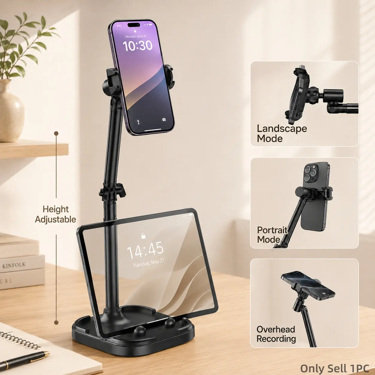 Overhead Phone Stand for Desk, Height Adjustable Phone & Tablet Holder with Weighted Base, 360° Rotating Mount for Video Recording, Live Streaming, Cooking and Vlogging